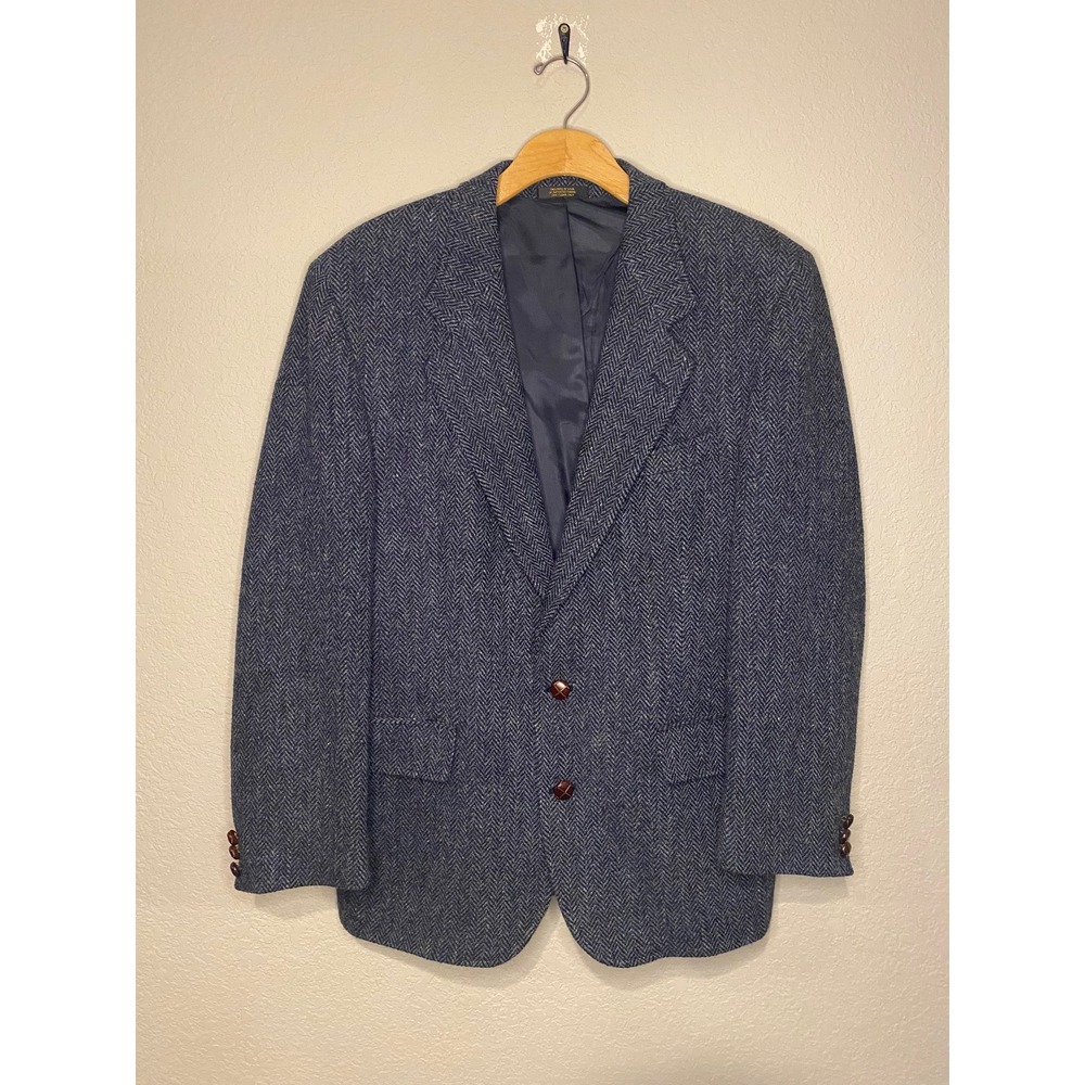 Harris Tweed Herringbone Blazer Sport Coat Scottish Wool Blue Mens Size 42R